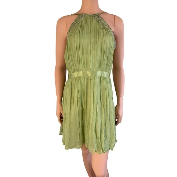Vintage Green 100% Silk Beaded Halter Pleated Mini Dress Sz 14 Fairy Spring - Picture 1 of 10